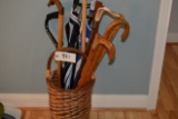 Umbrella Basket with Canes, Umbrellas, Vintage Yard Sticks