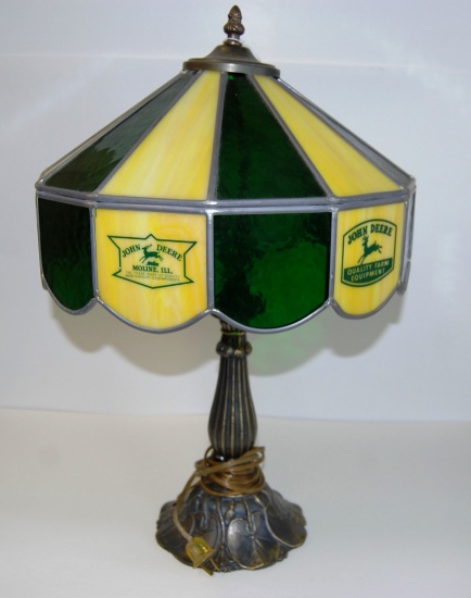 LAMP WITH JOHN DEERE LEADED GLASS SHADE