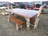 Wood 7ft Table with Two Benches & Two Chairs