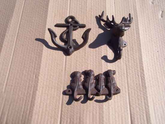 (3) Unused Cast Iron Towel, Coat or Hat Hooks.