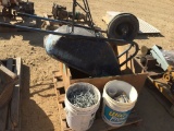 Pallet of Wheel Barrows, and Bucket of Nails.