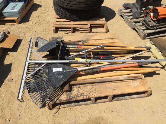 Pallet of Misc Shovels, Rakes,