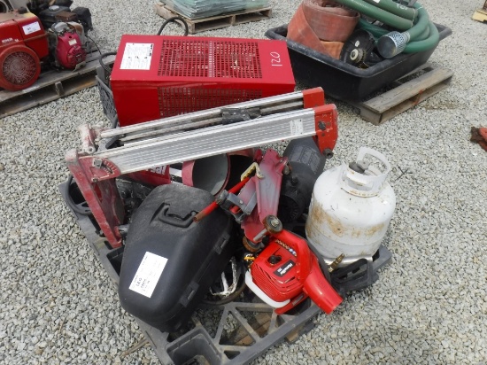 Pallet of Misc Items Including Heaters, Chain Saw,