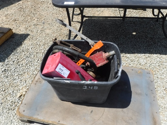 Bin of Misc Items Including Tie Downs, Tool Box,