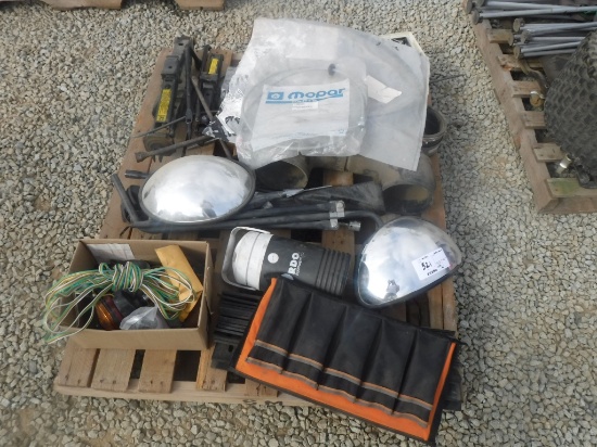 Pallet of Misc Items Including Jacks, Bus Mirrors,