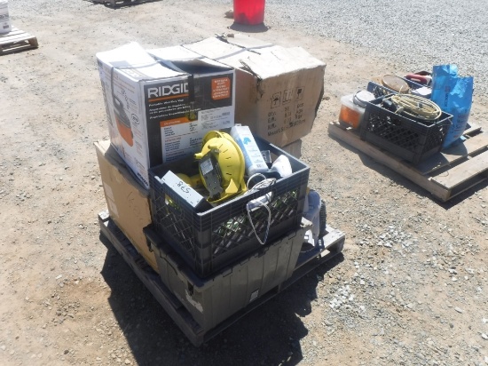 Pallet of Misc Items Including Ridgid Shop Vac,