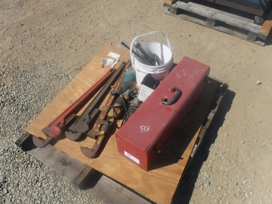 Pallet of Misc Items Including Pipe Wrenches,