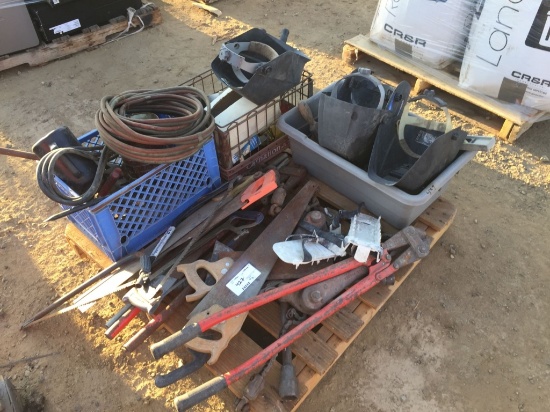 Pallet of Misc Items Including Hand Saws, Bolt