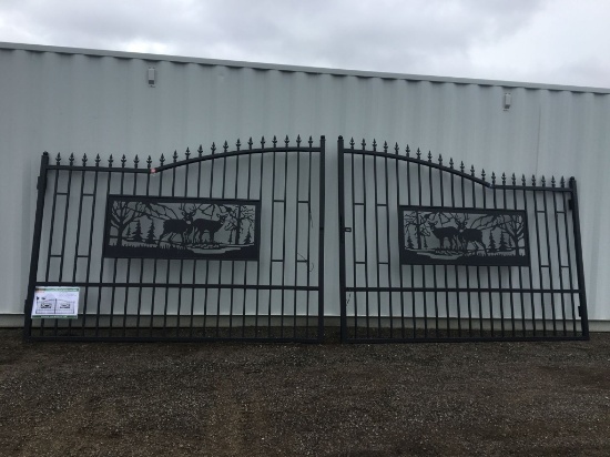 Unused 20ft Bi-Parting Wrought Iron Gate w/Deer