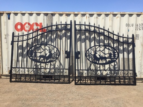 Unused 14ft Bi-Parting Iron Gate w/Deer Motif.