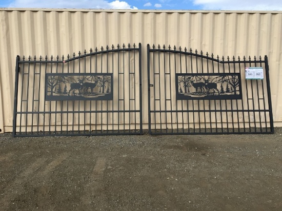 Unused 20ft Bi-Parting Wrought Iron Gate w/Deer