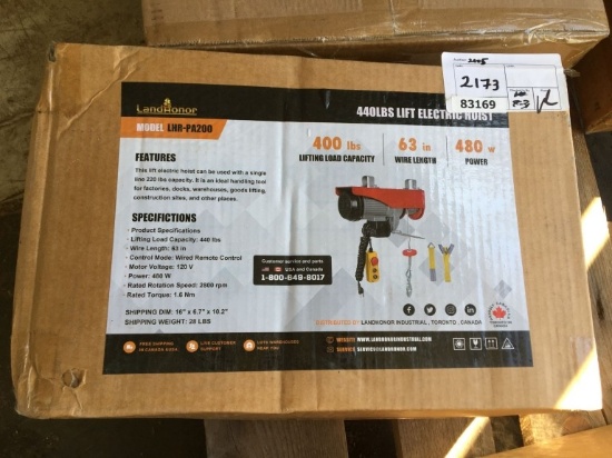 Unused Land Honor 440# Electric Hoist.
