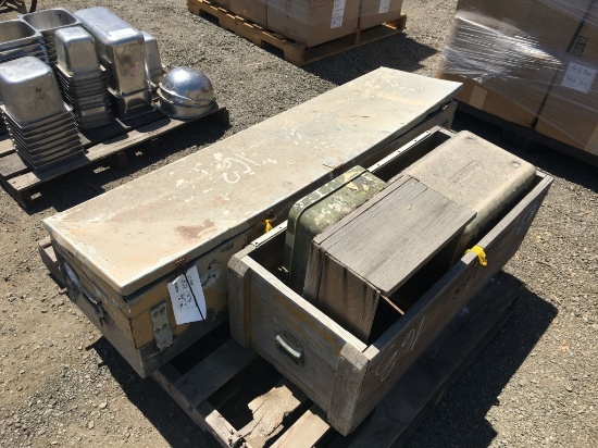 Pallet of (2) Storage Chests & (3) Wooden Crates.