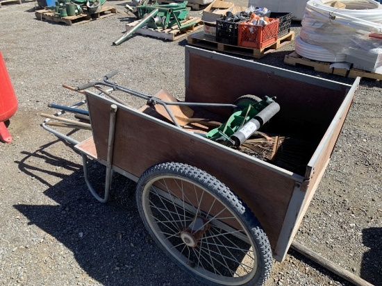 Wooden Garden Cart of Misc Gardening Tools.