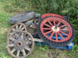 Pallet of Bubber Tires and Wooden Spoke Rims