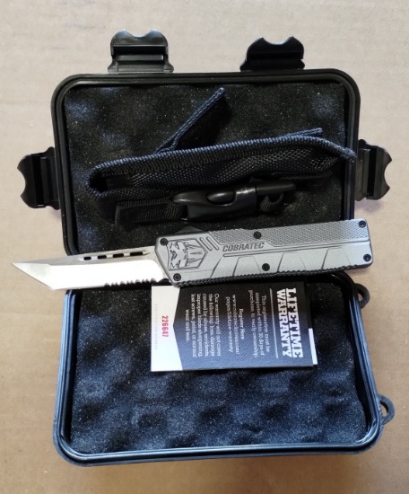 CobraTec Automatic Knife, Lightweight Grey, approx 3" Blade, Tanto Serrated, NIB