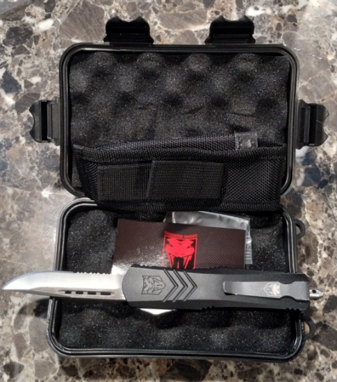 CobraTec Automatic Knife, approx 3" Blade, Medium FS-X Black, Drop Serrated, NIB