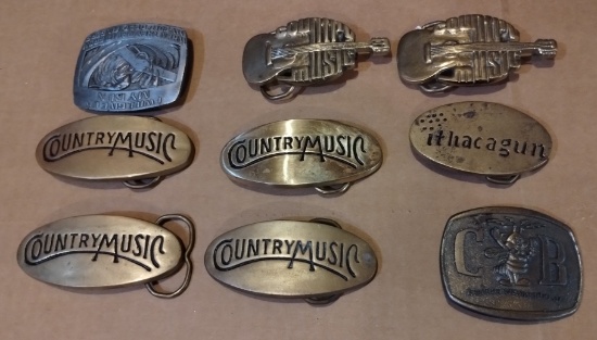 Lot of (9) Brass Belt Buckles Country Music Guitar Ithica Gun