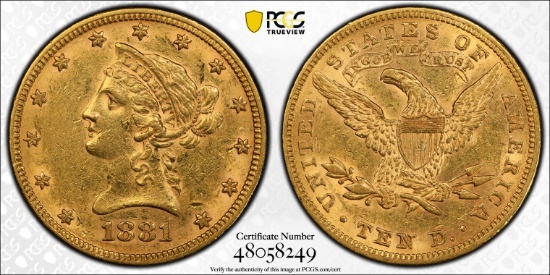 1881 Liberty Head Gold $10 Coin PCGS AU50