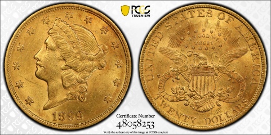 1899 Gold Liberty Head $20 Coin PCGS AU58 Graded