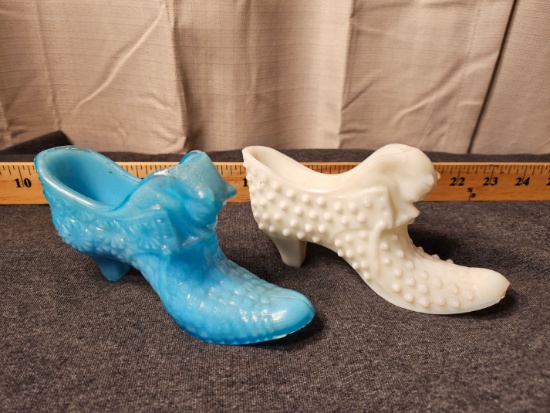 Lot of (2) Antique Milk Glass Boots (One Blue One White)