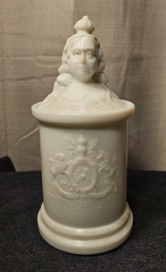 Antique Queen Victoria Milk Glass Covered Cheroot Cigar Jar
