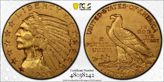 1908 Gold Indian Head $5 Coin PCGS XF40