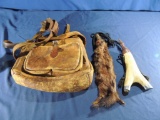 Two Black Powder Flasks and Leather Bag