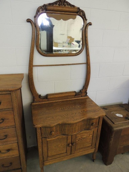 Tiger Oak Washstand with Mirror and Towel Rack