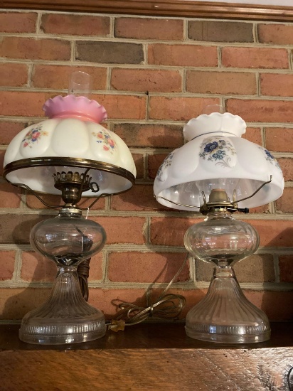 Converted Oil Lamps with Hand Painted Shades