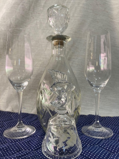 Two Wine Glasses, Decanter and Bell.