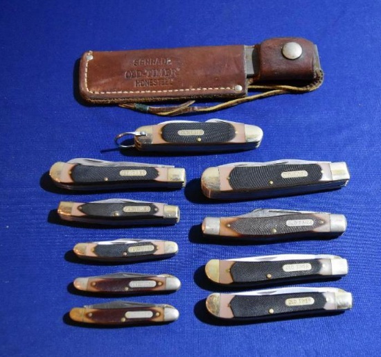 Old Timer 10 Pocket knife lot with Schrade Honesteel in Leather sheath