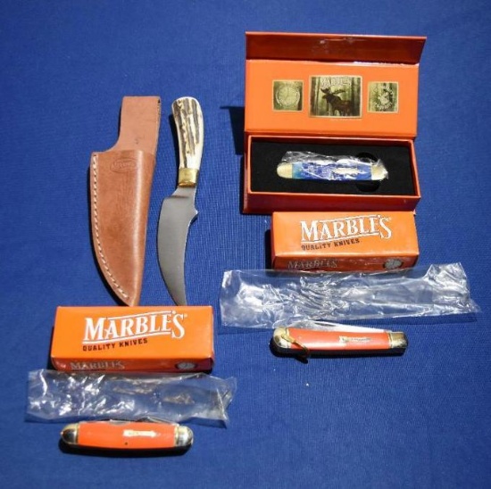 Marble's Brand knife Lot- 3 New in box pocket knives and one Like new fixed blade