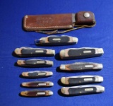 Old Timer 10 Pocket knife lot with Schrade Honesteel in Leather sheath