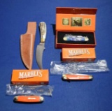 Marble's Brand knife Lot- 3 New in box pocket knives and one Like new fixed blade