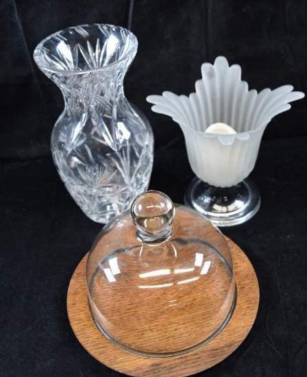 Large Vintage Cut Crystal Vase / Frosted Candle Holder / Cheese Tray