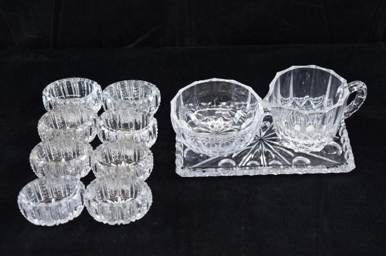 Lot of 8 Pressed Glass Salt Cellars /Crystal Clear Thumbprint Cut Lead Crystal Creamer, Sugar & Tray