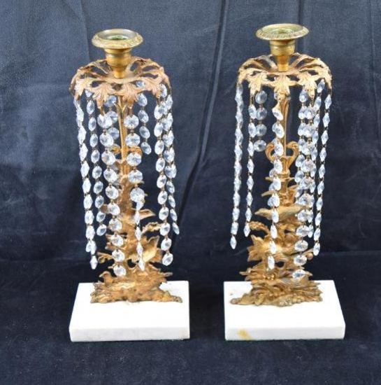 Lot of 2 Vintage Crystal & Brass Candle Holders