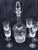 Vintage Etched Glass Liquor Bottle & 5 Glasses