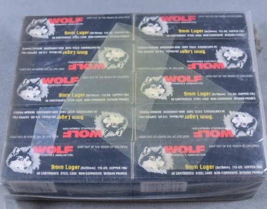 Brick Lot of 10 Boxes Wolf 9mm Luger