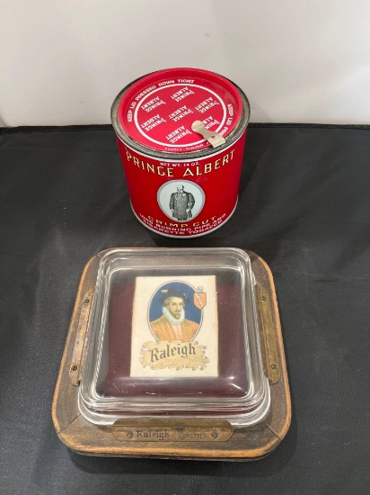 Prince Albert tobacco can & Raleigh cigarette change dish