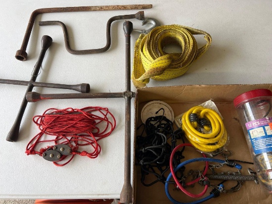 Tray of Tire irons /Tow Strap