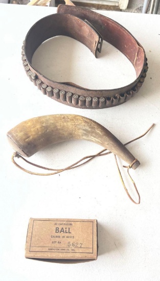 Box of Remington UMC 45 caliber bullets/ Vintage Powderhorn/Leather cartridge belt