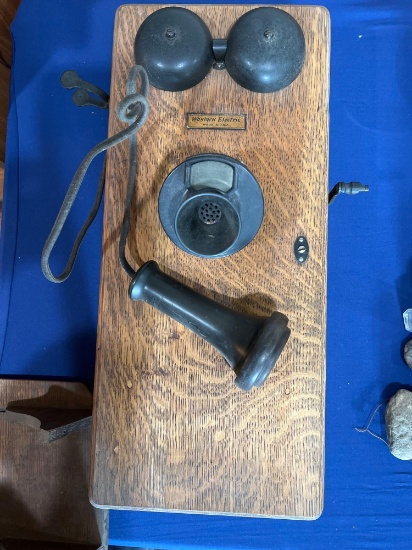Early 20th Century Oak Wood Bakelite Hand Crank Western Electric Brand Wall Mounted Telephone