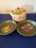 Folk Art Painted Tea Kettle and Pie Plates