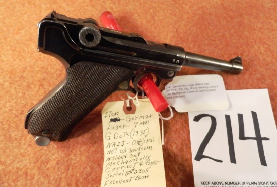 German Nazi Luger 9MM-G date SN:2805, 1935, Org., #'s All Matching Inside & Out except magazine