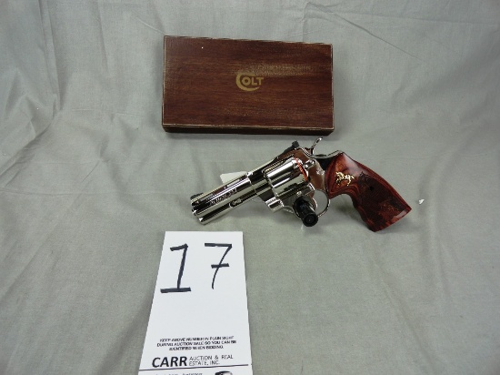 Colt Python 357, Org. Box, Nickel, 4” Bbl., Wood Grips w/Colt Insignia, Org