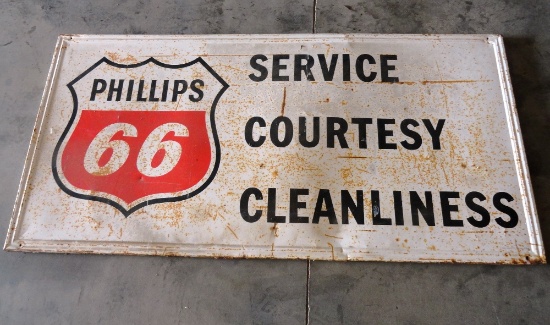 Phillips 66 Service Courtesy Cleanliness Painted Tin on Wood Frame, 6' x 34"
