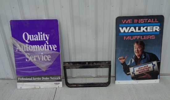 Purple Automotive Service Sign; John Madden Walker Muffler Signs, Bracket – sells as one lot