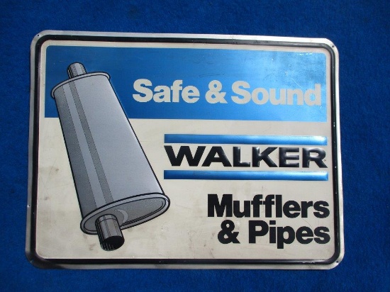 Walker Mufflers and Pipes Safe and Sound Metal Embossed Sign, 24" x 18" (1970’s Sign)